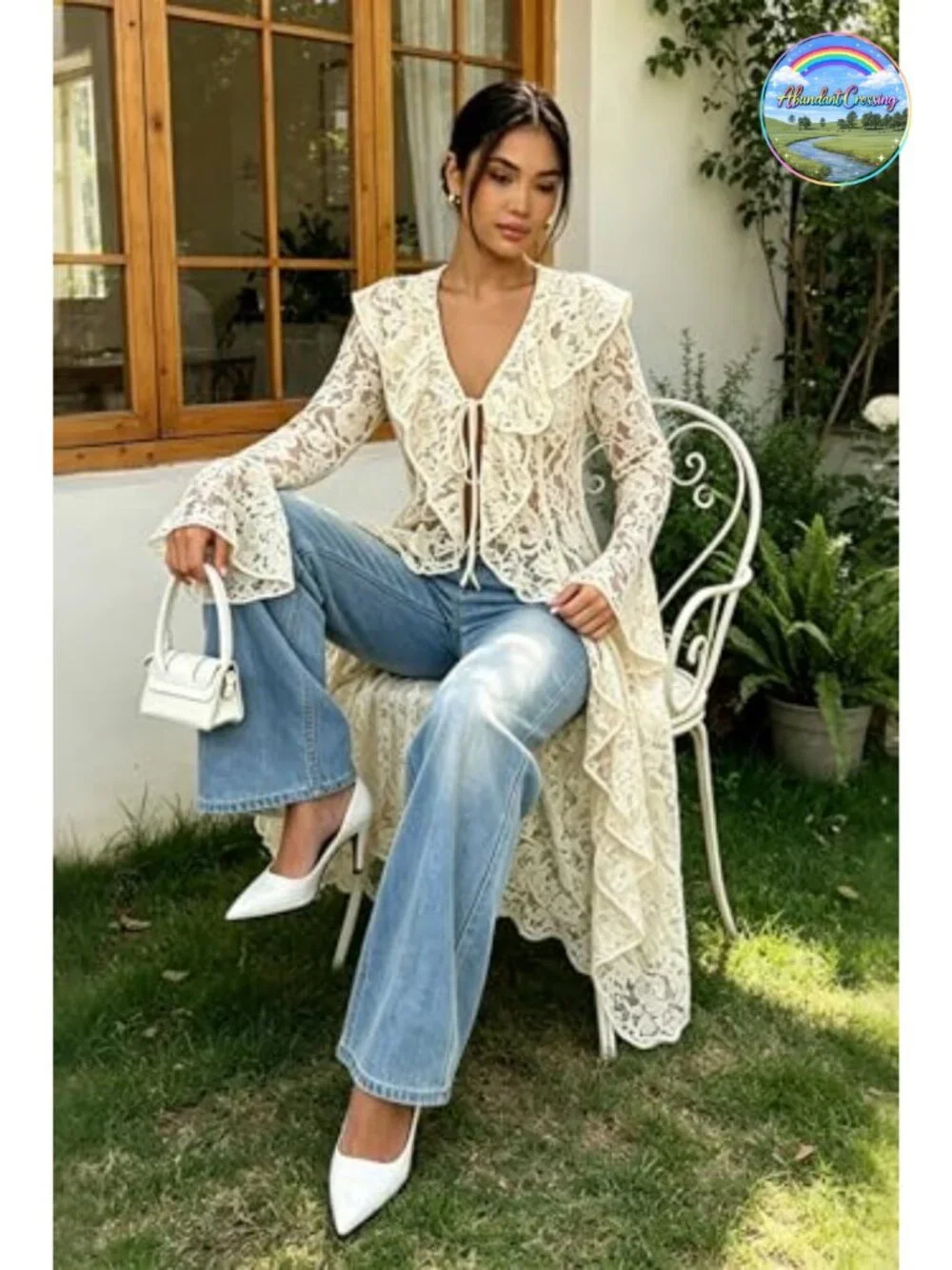 Lace Maxi Cardigan Open Front Tie Bell Sleeve Ruffled Duster Cover Up